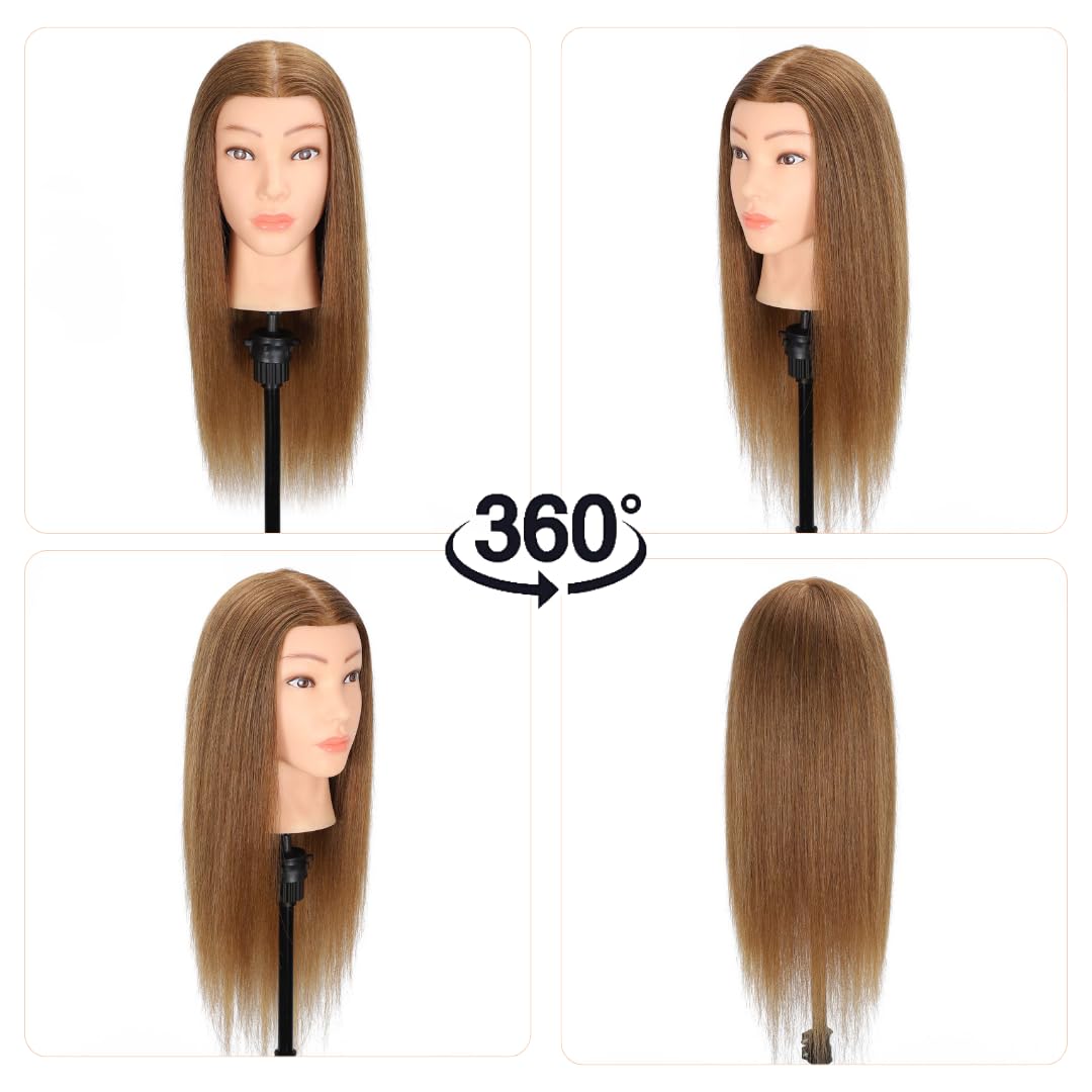 MQHIHI Mannequin Head Human Hair, 100% Real Hair Cosmetology Manikin Head for Practice Braiding Hairstyling Cutting with Free Clamp Holder and Tools (100% Light Brown)