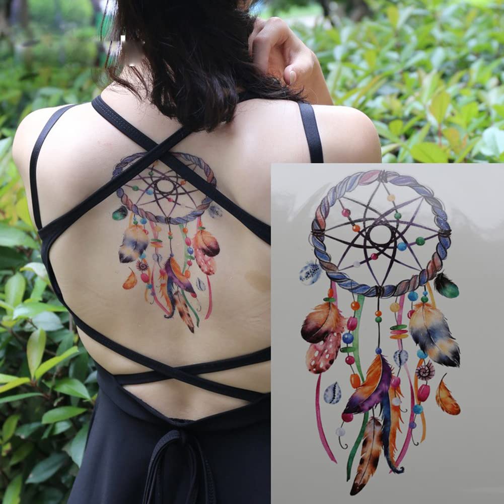Oottati 6 Sheets Arm Large Temporary Tattoos - Colorful Dream Catcher Dreamcatcher Feather Dragon Bird World Peace