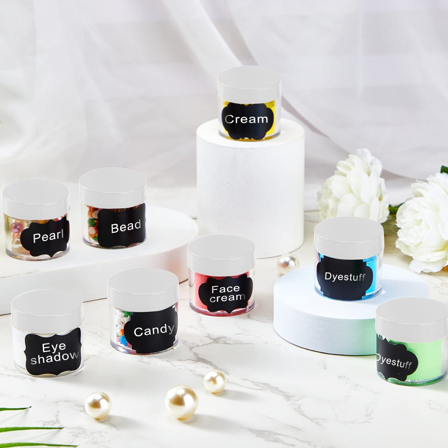 100 Set Plastic Jars Makeup Travel Makeup Container with Lids Small Storage Containers for Creams Toiletries Chalkboard Label Stickers Marker(1 oz,Black)