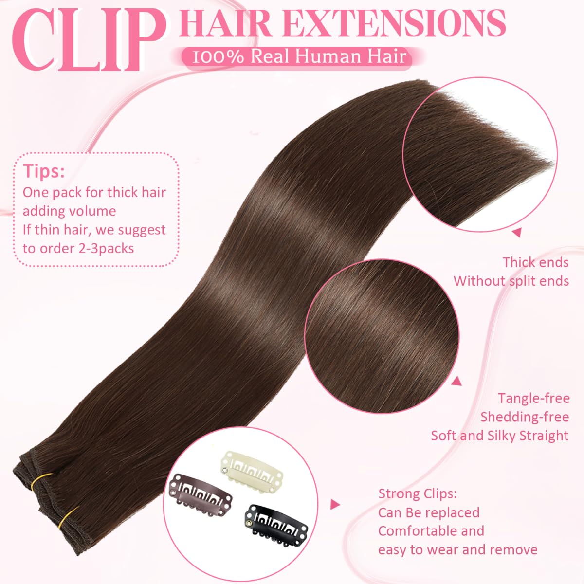 Tebelove Clip in Hair Extensions Real Human Hair 3.6oz/100g Clip ins Brazilian Remy Human Hair Extension for Women 8pcs Per Set with 18 Clips Double Weft (16 Inch #4 Chocolate Brown)