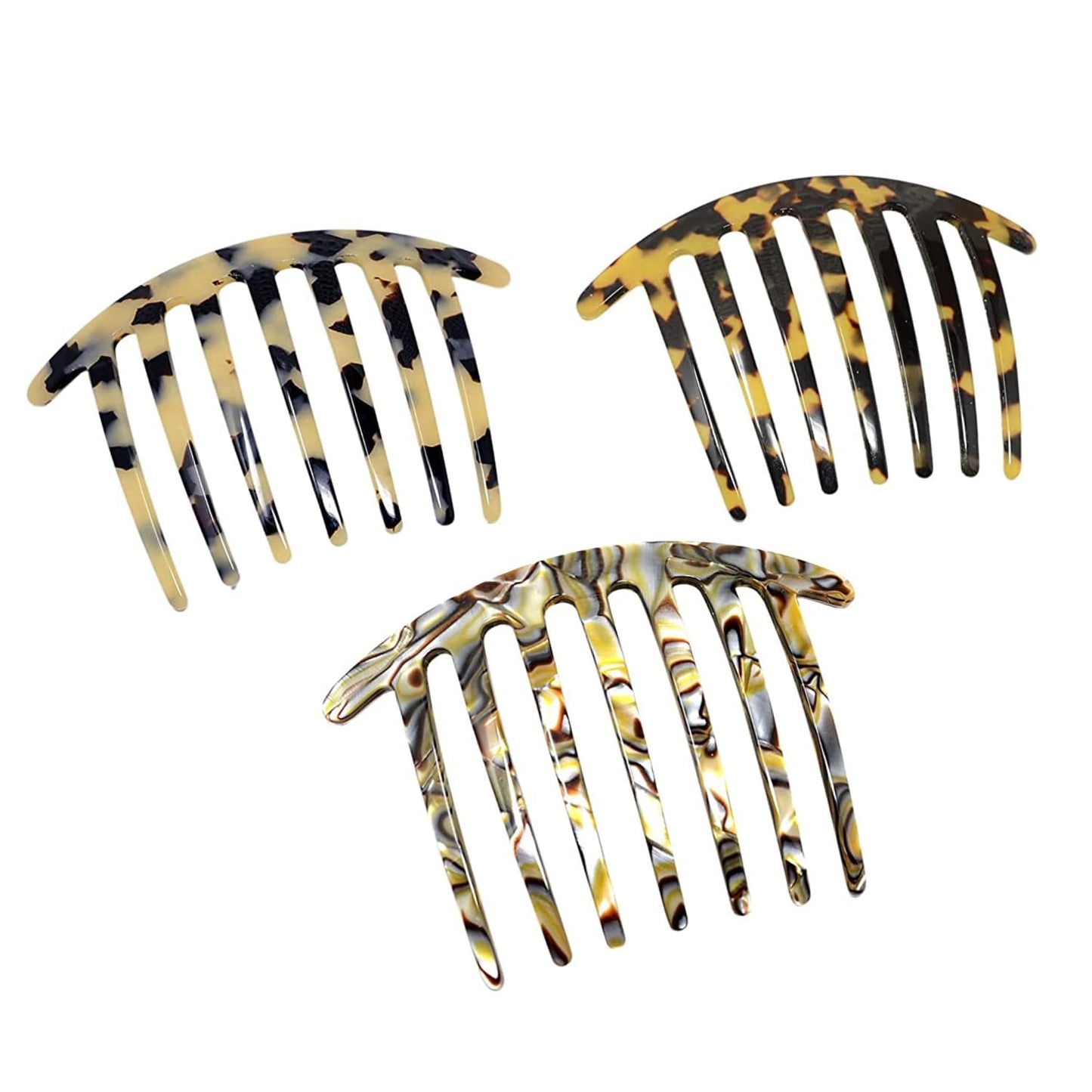 French Amie Curvy 7 Teeth Large 4” Celluloid Handmade Set of 3 Good Grip Hair Side Combs for Women and Girls
