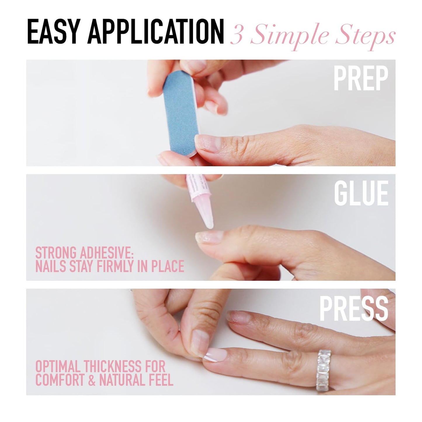 Glamnetic Press-On Nails & Adhesive Nail Tabs - Caviar | Semi-Transparent with Black French Tips, Short Almond Nails, Reusable |