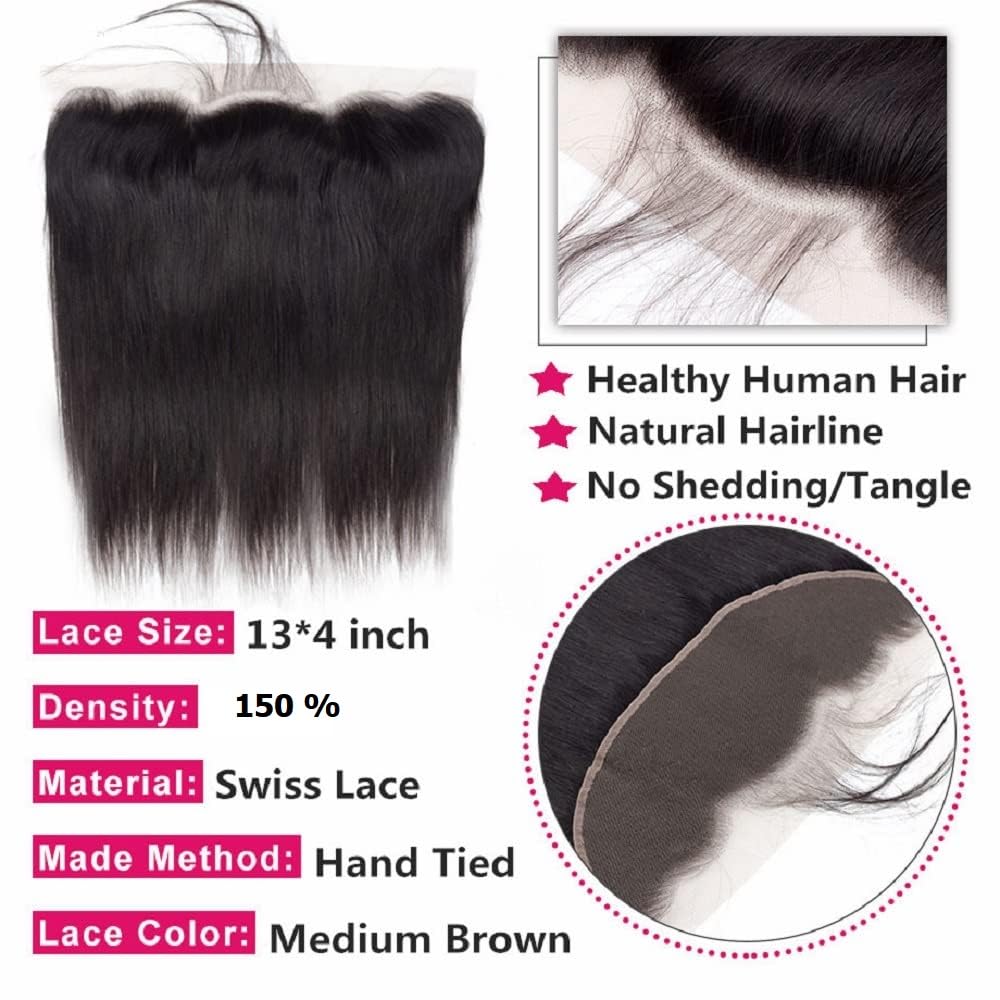 13x4 Lace Frontal Closure Ear to Ear HD Lace Frontal 14 Inch Brazilian Straight Frontal Lace Closure Virgin Human Hair Frontals Natural Black 150% Density