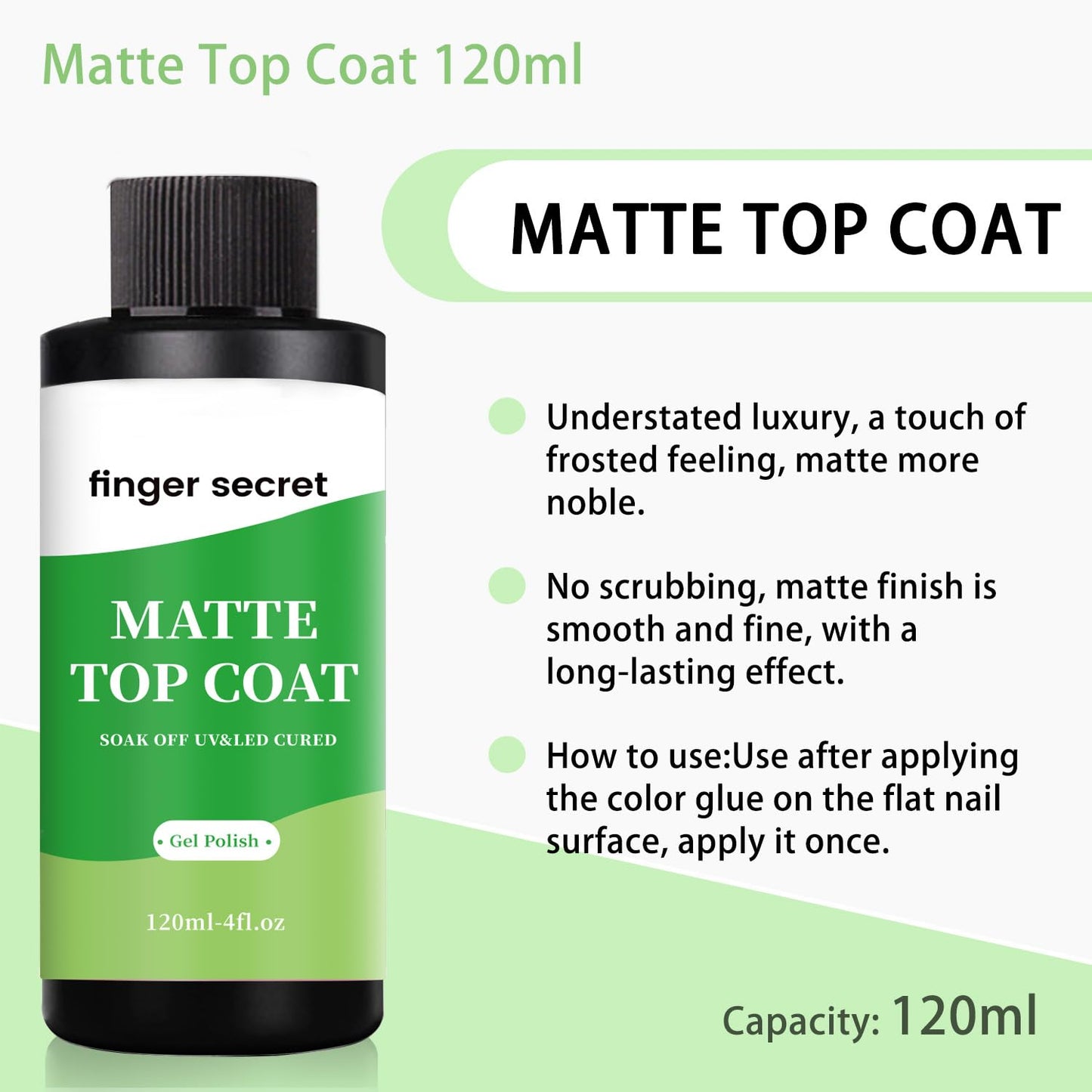 finger secret 120ml/4floz Matte Top Coat for Gel Nail Polish,Fashion Matte Nail Polish,Nail Supplies for DIY in Salon or Home Use.