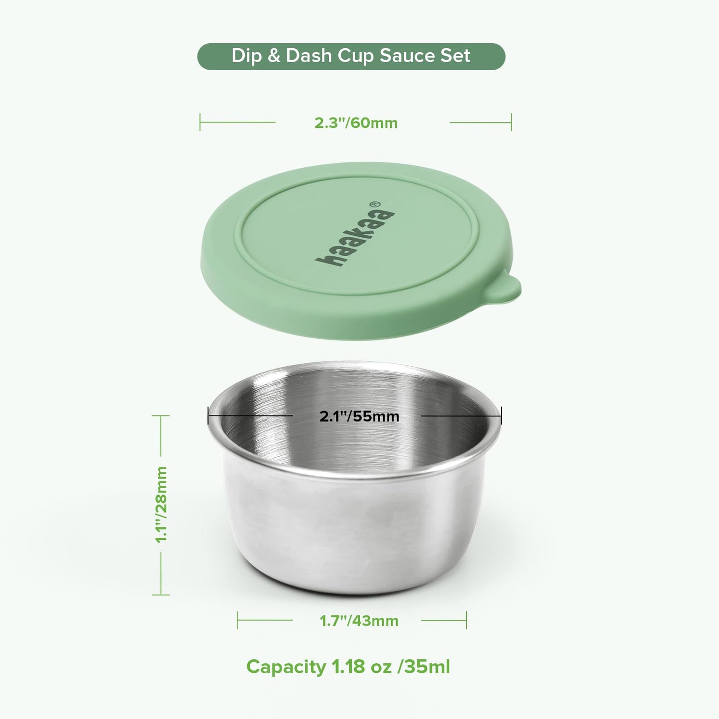 haakaa 6 Pack Small Salad Dressing Container To Go, 1.18 oz Leakproof Condiment Containers with Silicone Lids, Reusable Stainless Steel Sauce Cups for Lunch Box, Meal Prep & Travel