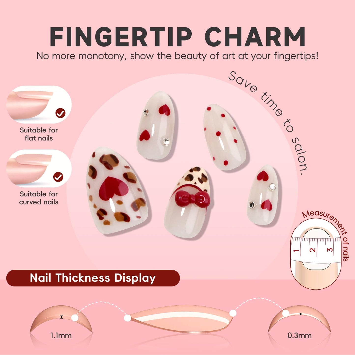 HOSAILY Polka Dot Press on Nails Short Almond, 3D Cute Bow Valentines Fake Nails with Heart Pearl Leopard Design, 24pcs Glossy Red French Rhinestones Glue on Nails, Stick on Nails Press ons for Women