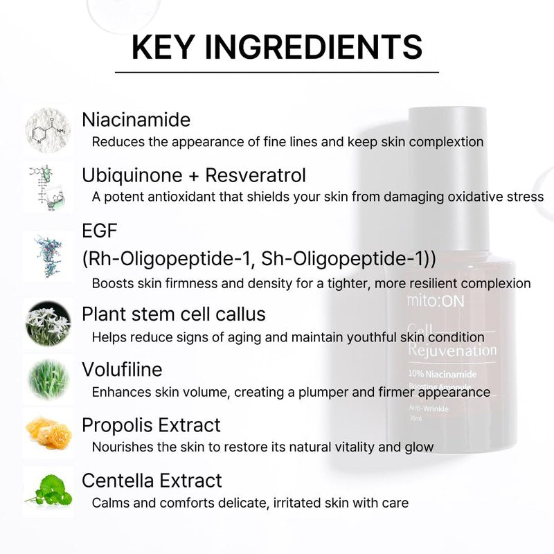 Mito-on Cell Rejuvenation Anti-Aging Serum, 50ml / 1.69 fl.oz –10% Niacinamide, Vitamin B3 and Antioxidants, Centella + EGF for Anti-Aging, Wrinkle Reduction, Pore minimization, Korean Skin Care