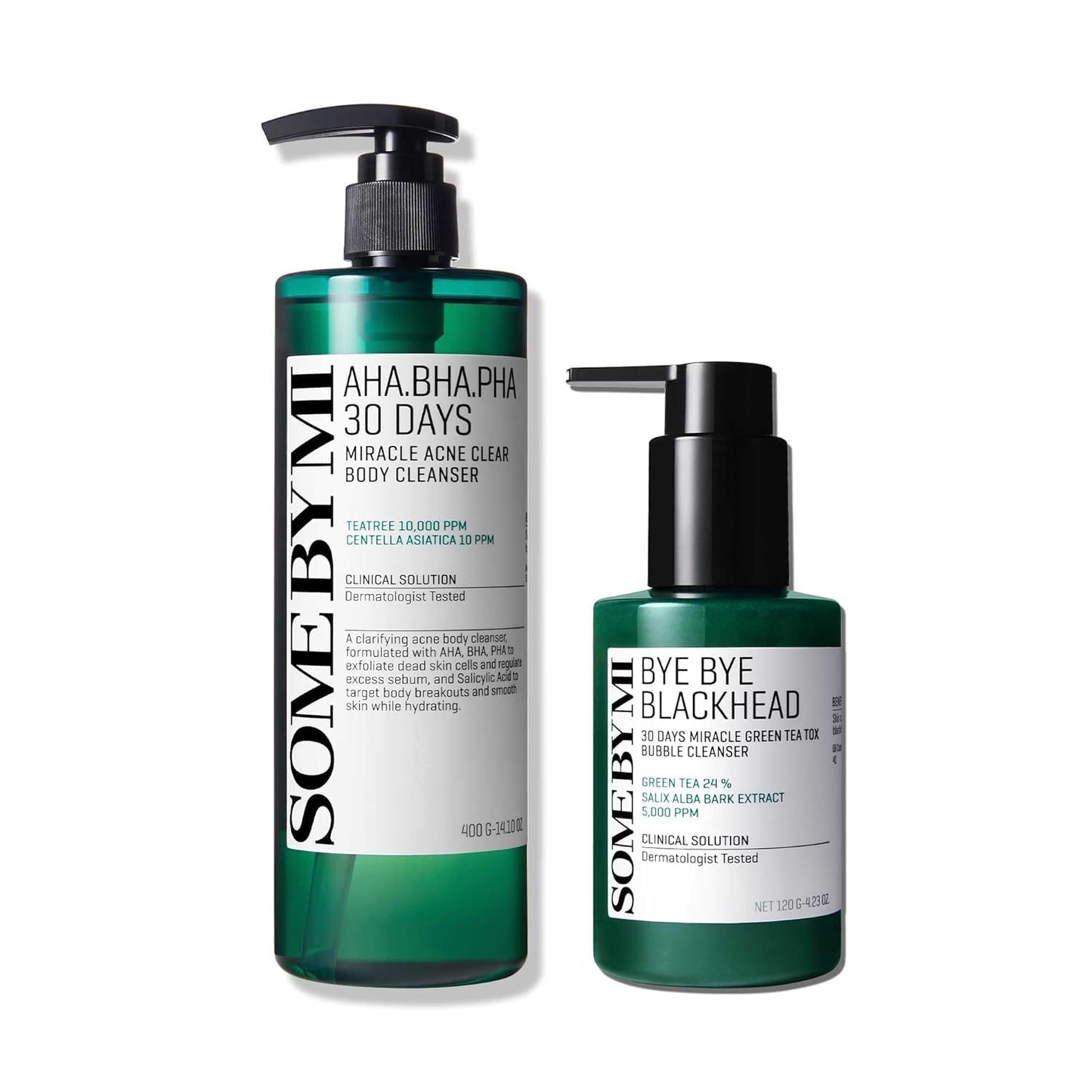 SOME BY MI Bye Bye Blackhead 30 Days Miracle Green Tea Tox Bubble Cleanser & Miracle Acne Clear Body Cleanser