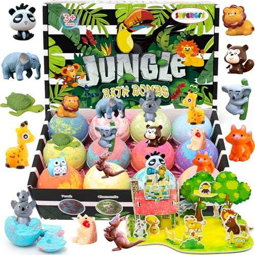 Bath Bombs for Kids with Surprise Inside Kid with Jungle Toys Inside, 12-Pack Organic Bath Bombs for Boys Bubble Bath with Magic Bathbombs, Birthday Gifts for Boys