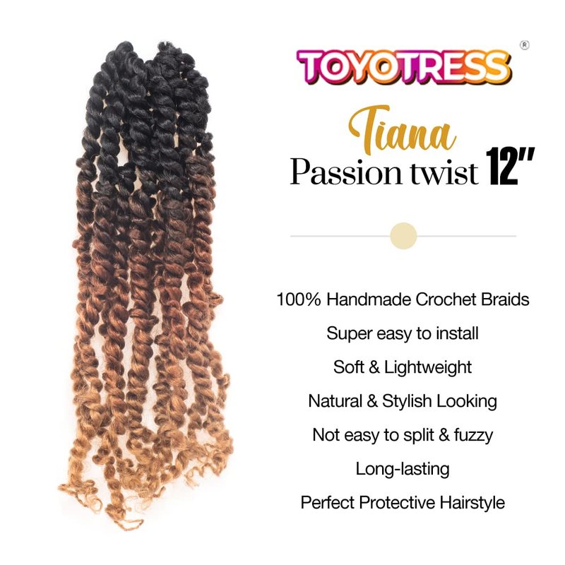 Tiana Passion Twist Hair - 12 Inch Ombre Brown Blonde Crochet Braids | 8 Packs Pre-Twisted Synthetic Extensions