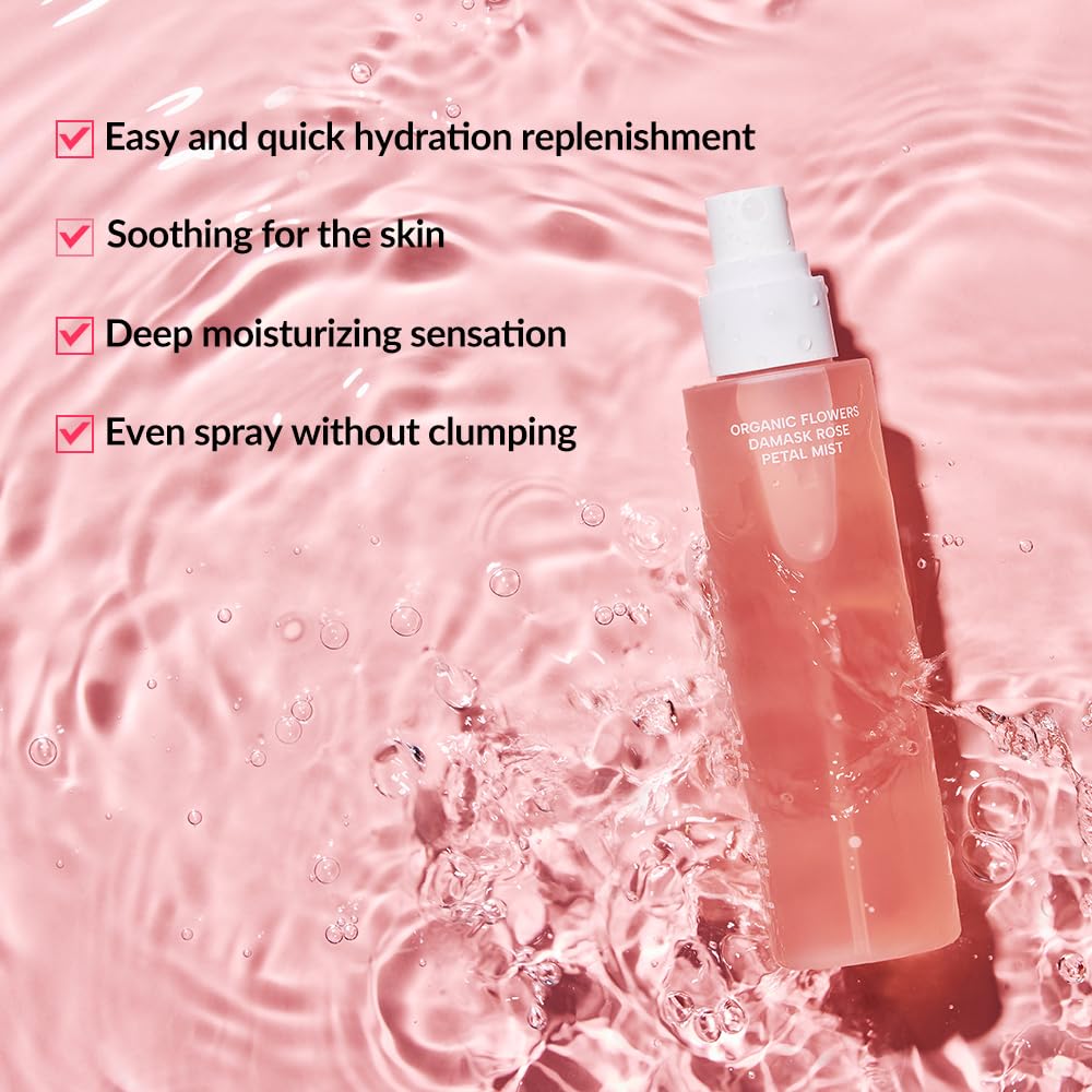 Whamisa Organic Flowers Damask Rose Petal Mist, Facial Mist Spray, Waterless Formula, Fermented Ingredient Formula, Hydration, Portable, Korean Skin Care (100ml)