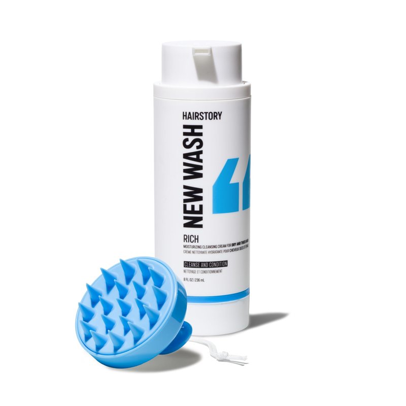 Hairstory New Wash Rich with Bonus Scalp Brush – Detergent Free Shampoo for Thick Curly Coarse Hair, Sulfate Free Deep Moisture Cleansing Cream, 8 Fl Oz Refillable Bottle