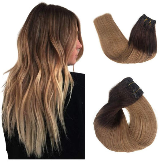 Clip in Hair Extensions Human Hair New Version Thickened Double Weft Brazilian Hair 140g 8pcs Per Set Remy Hair Silk Straight Soft Thick Natural Black Full Head Clip In(18" #1B)