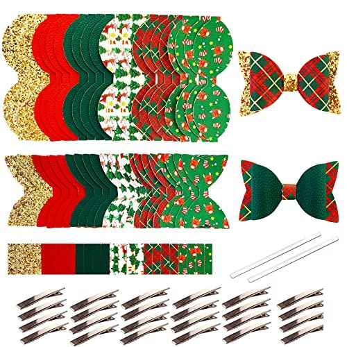 AOUXSEEM 24 Set Faux Leather Hair Bows Clips Making Kit for Beginner, Contains Pre Cut Printed Glitter Solid PU Synthetic Fabric, DIY Hair Clips for Women Girls Holiday decor (Christmas)