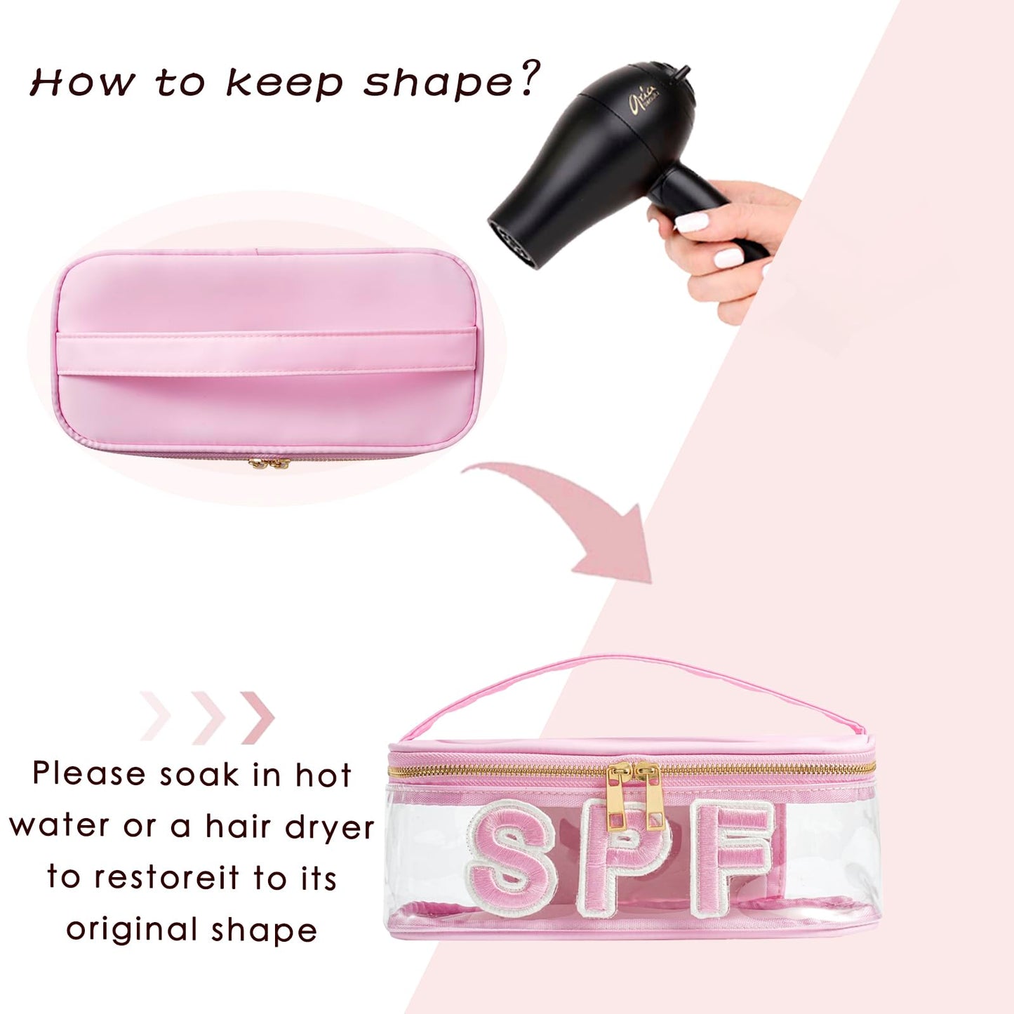 RSRSLEII Clear Waterproof Summer SPF Makeup Bag，Aesthetic Transparent Letter Patch Cosmetic Bag with Metal Zipper, Preppy Sunscreen Accessories Storage Organization, Beach Travel Purse(01SPF Pink)