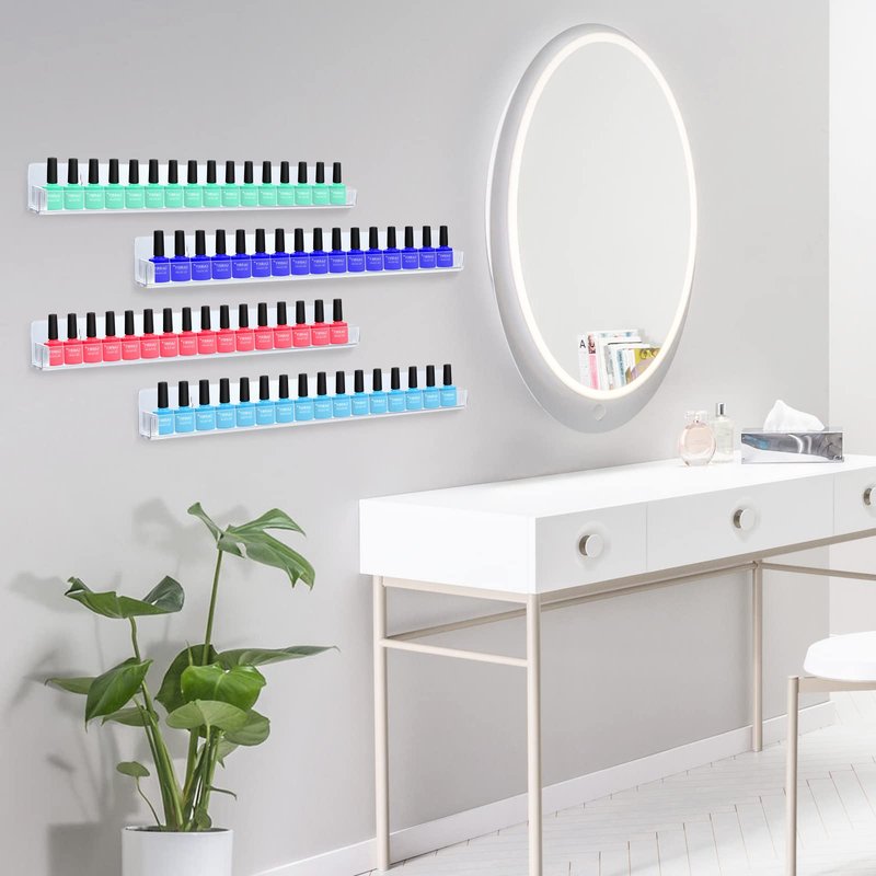trophable 8 Pack Nail Polish Rack Wall Mounted Shelf with Removable Anti-Slip End Inserts, Clear Acrylic Nail Polish Organizer Wall Rack Display 128 Bottles…