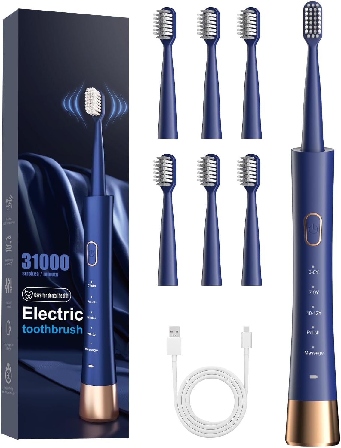 Orthodontic Electric Toothbrush for Braces - 6 U-Shaped Brush Heads, 5 Modes, IPX7 Waterproof | Rechargeable Sonic Clean