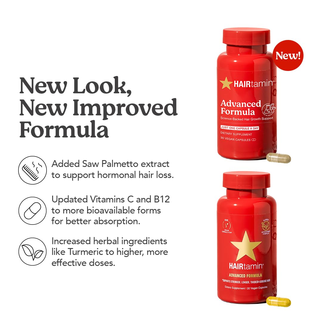 HAIRtamin Advanced Formula Hair Growth Supplement for Women & Men, Supports Stronger, Longer, Visibly Thicker Hair, With 5000 mcg Biotin, Vitamins & Antioxidants, 100% Vegan – 1 Month Supply