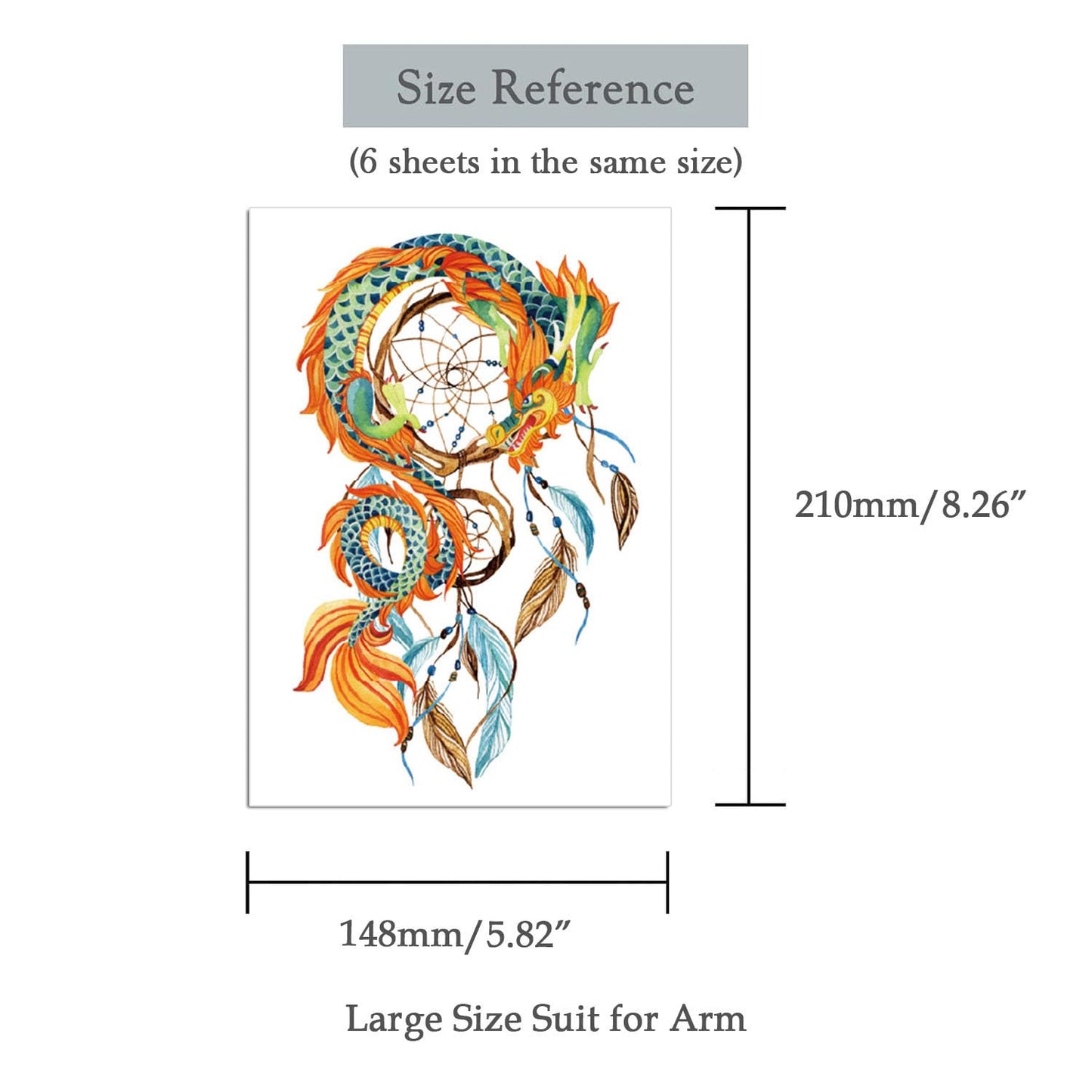 Oottati 6 Sheets Arm Large Temporary Tattoos - Colorful Dream Catcher Dreamcatcher Feather Dragon Bird World Peace