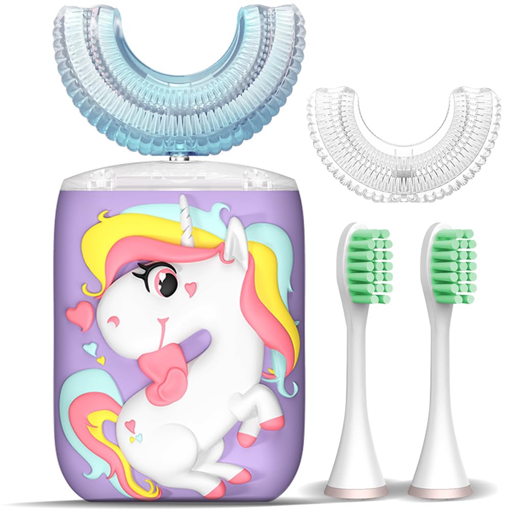 Kids U-Shaped Electric Toothbrush, Sonic Automatic Toothbrush with 4 Brush Heads, 360° Whole Mouth Cleaning Six Modes, Unicorn Design, IPX7 Waterproof, Rechargeable Birthday Gift (Purple, Kids 2-7)