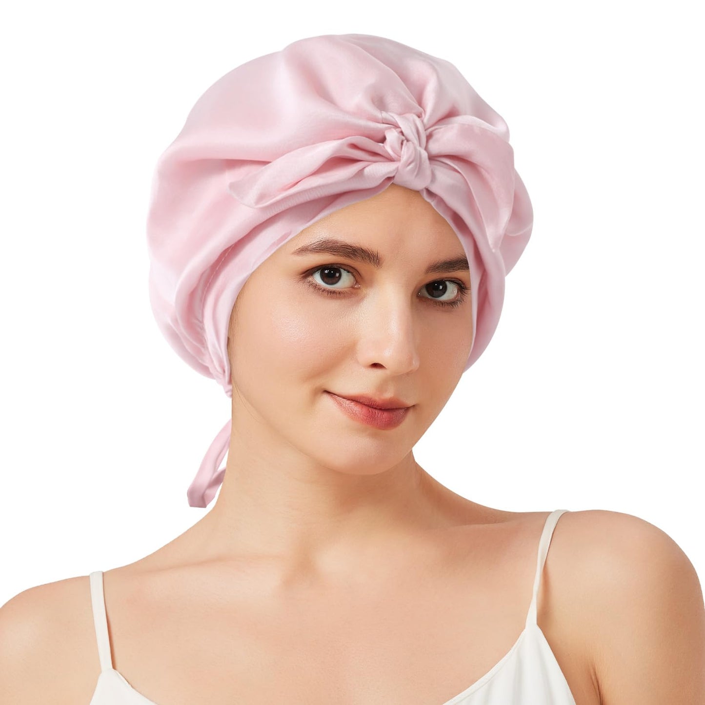 Mulberry Silk Bonnet for Sleeping, 22 Momme Grade-6A Double Layer Silk Sleep Bonnet Adjusatble Hair Wrap with Elastic & Twist Knot Design(1PCS,Pink)