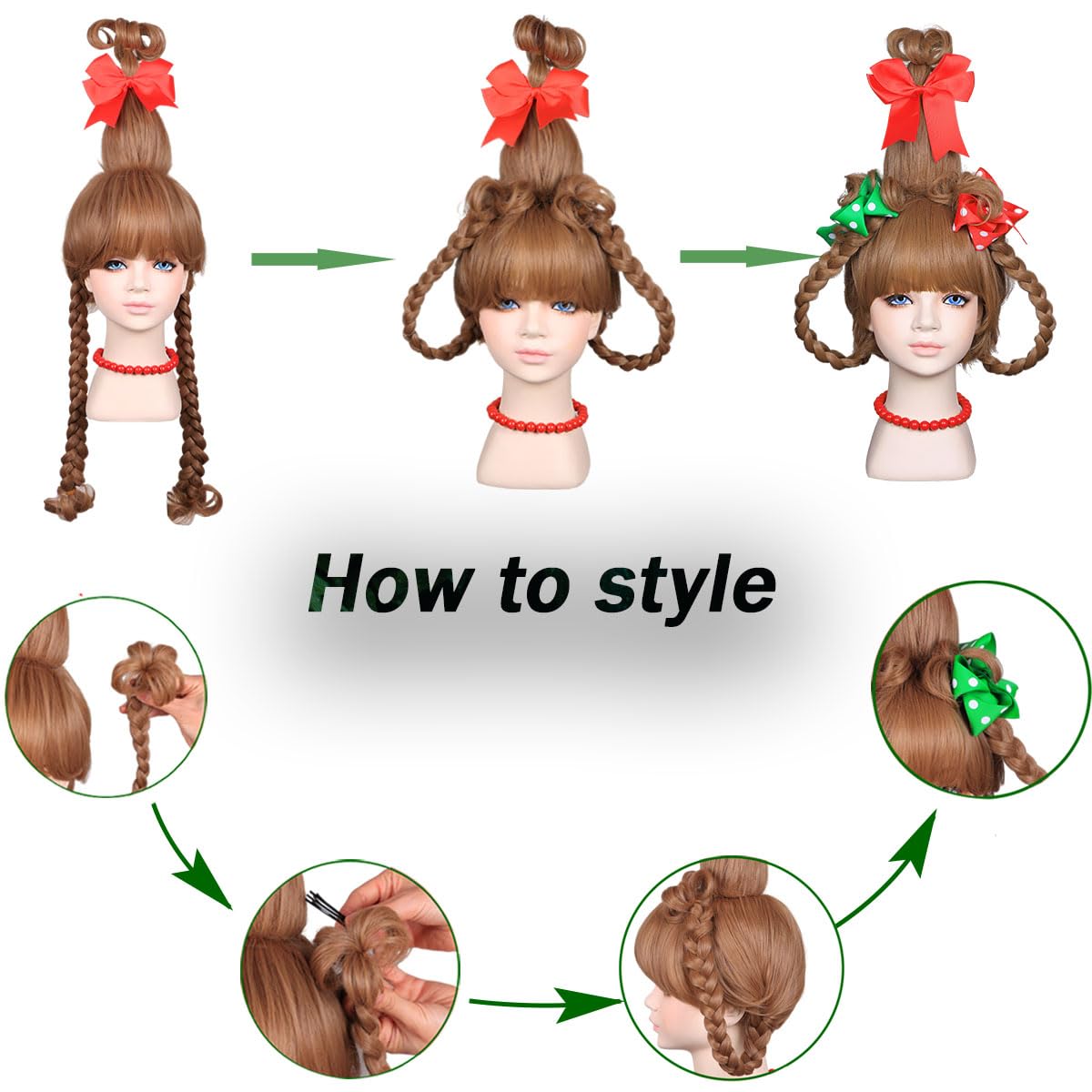 ColorGround Children's BLonde Braided Costume Wig with Red and Green Polka Dot Bows and Red Bead Necklace for Christmas Celebration Party(Blonde)