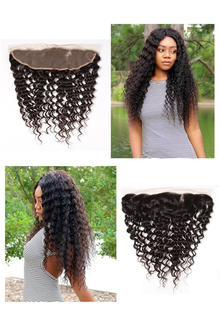 13x4 HD Lace Frontal Closure Deep Wave 14 Inch Pre Plucked Ear To Ear Frontal Free Part Closure with Baby Hair Brazilian Virgin Curly Human Hair for Women Natural Black