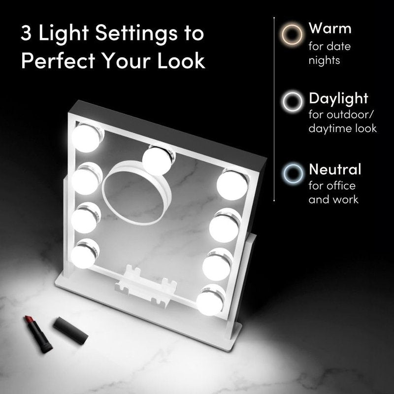 Fancii Vanity Mirror with Lights, BT Speaker, Wireless Charging - Detachable 10X Magnifying Mirror, 9 Hollywood Bulbs, LED Lighted Makeup Mirror with Phone Stand, 3 Color Modes, Adjustable Tilt