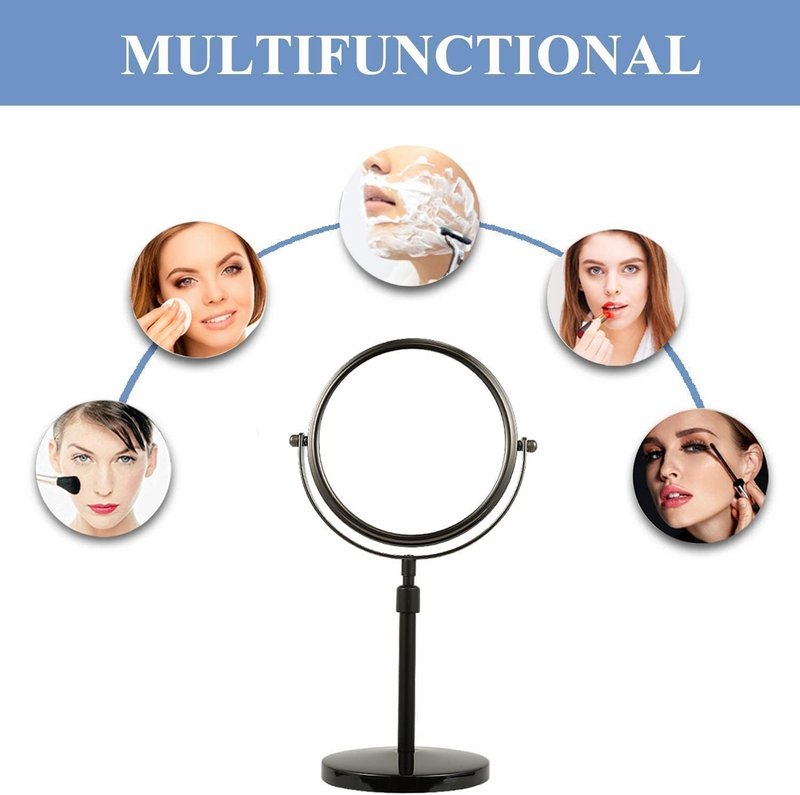 Height Adjustable Makeup Mirror - 8-Inch Double-Sided 7X Magnification | Black Round Tabletop Design