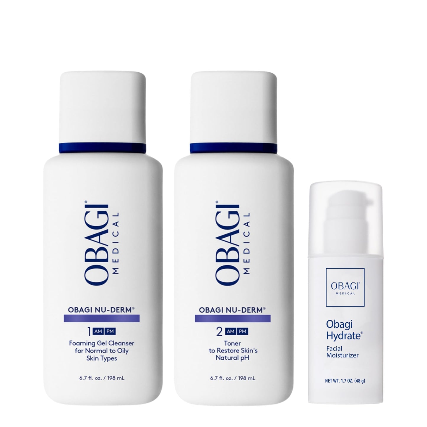 Obagi Medical Hyperpigmentation Travel-Sized Bundle with Nu-Derm Foaming Cleanser, Toner & Hydrate Moisturizer – Brighten Dark Spots, Balance Skin’s pH, Remove Impurities, Protect & Hydrate
