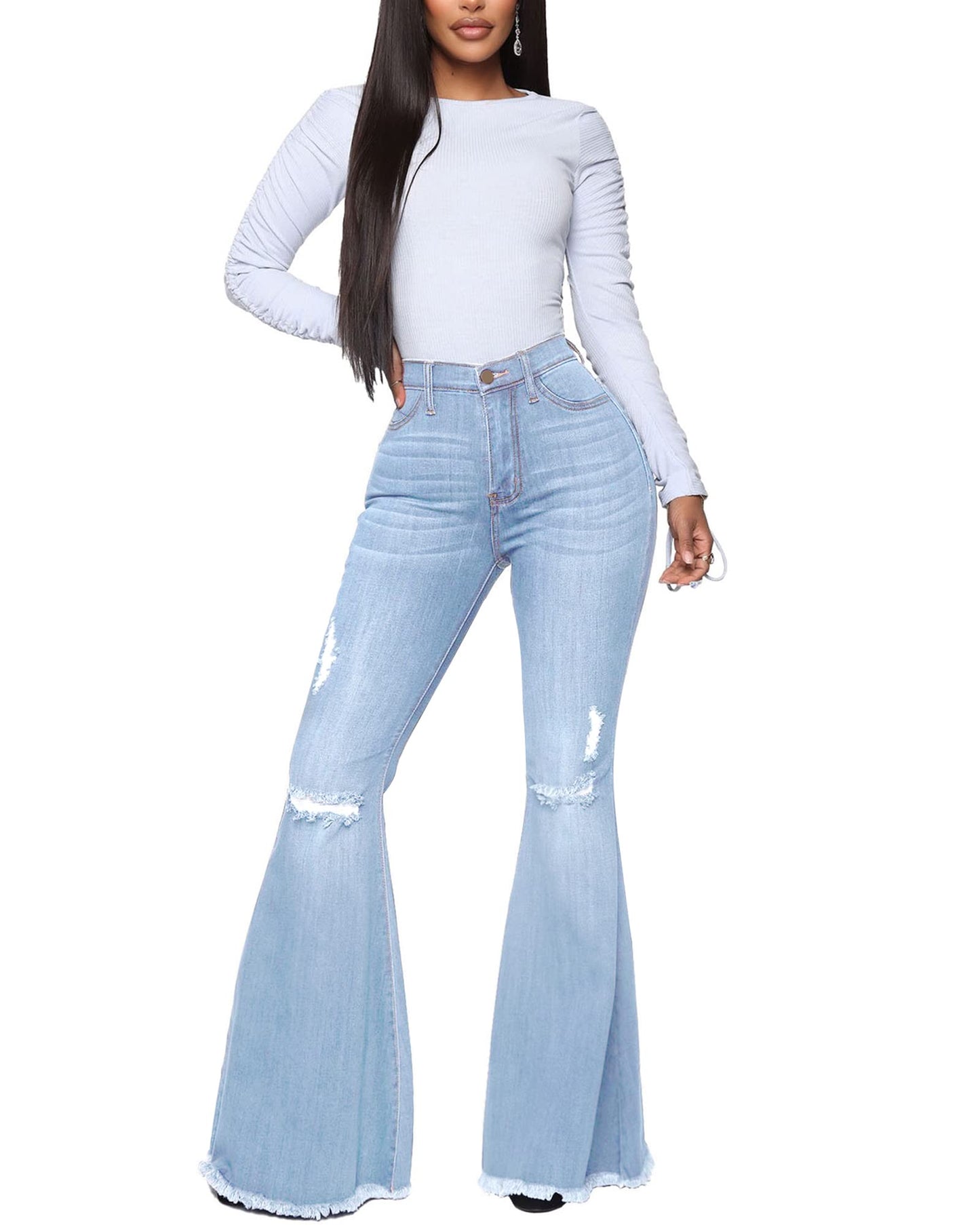 BISUAL Women Destoryed Flare Jeans Elastic Waist Ripped Bell Bottom Raw Hem Stretch Denim Pants (Light Blue, Medium)