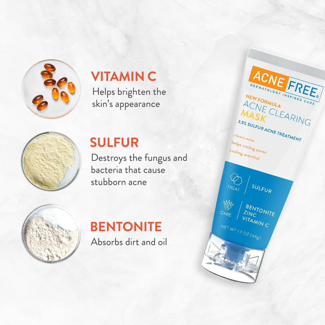 AcneFree Acne Clearing Mask, 3.5% Sulfur Acne Treatment, Absorbs Excess Oil and Unclogs Pores with Vitamin C, Bentonite, and Zinc, 1.7 Ounce