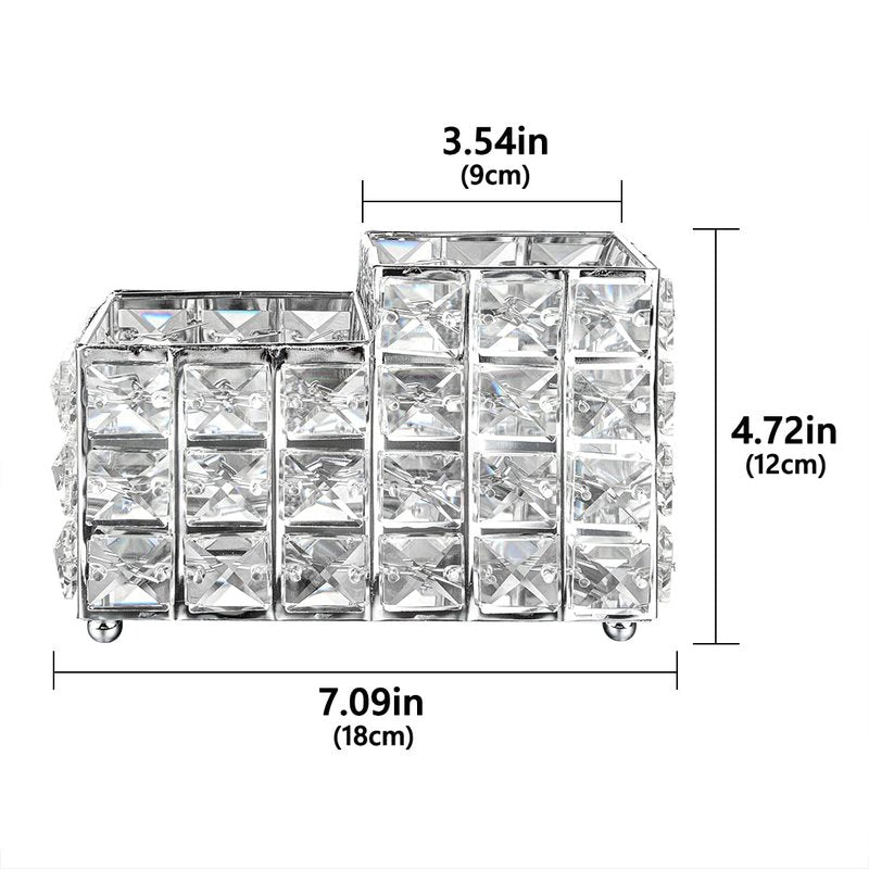 LUEXBOX Crystal Makeup Brush Holder, One-Piece Square Brush Organizer, Cosmetics Brush Storage Container for Table, Dresser, Bathroom, Bedroom Organization (Silver)