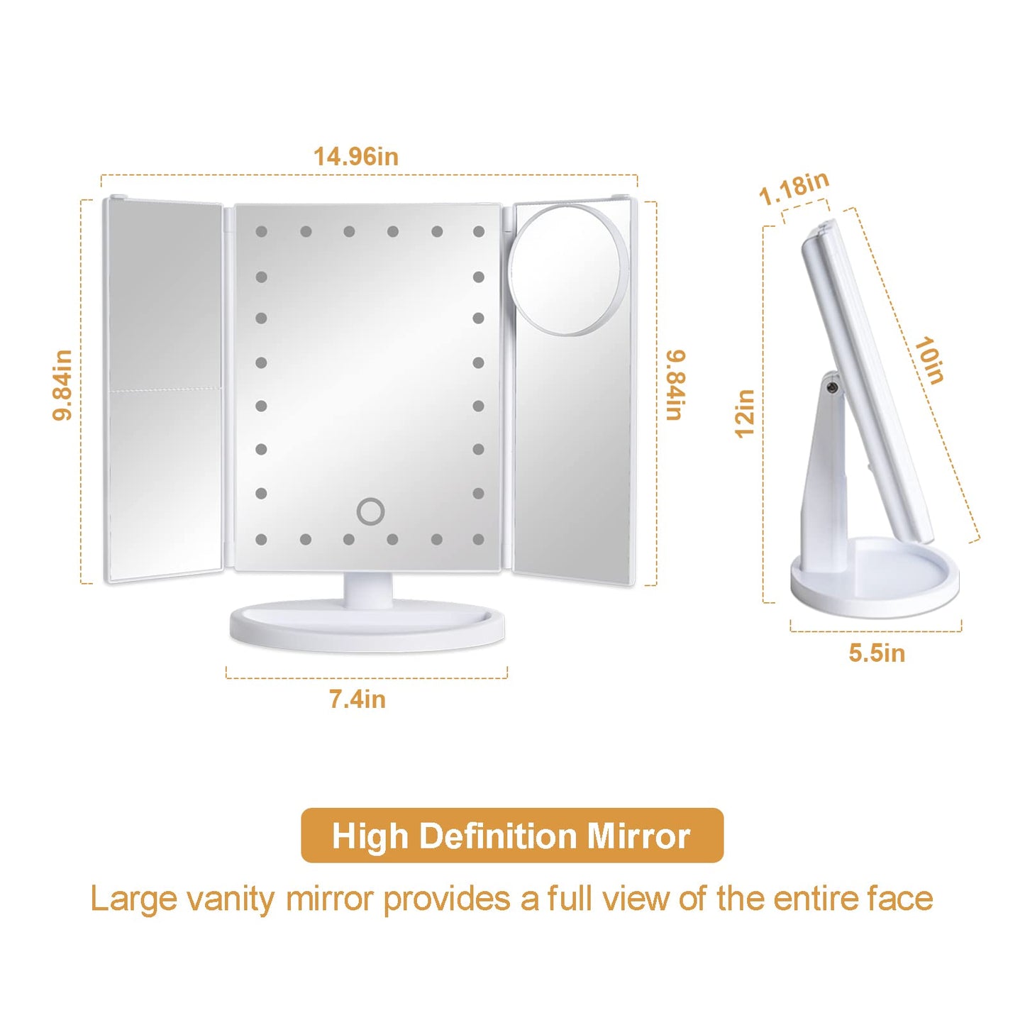 bemelux Tri-fold Vanity Mirror Light with 10x Magnetic Small Lens, 1X/2X/3X Magnification, Touch Control, Foldable, Dual Power Supply, Detachable LED Vanity Mirror.