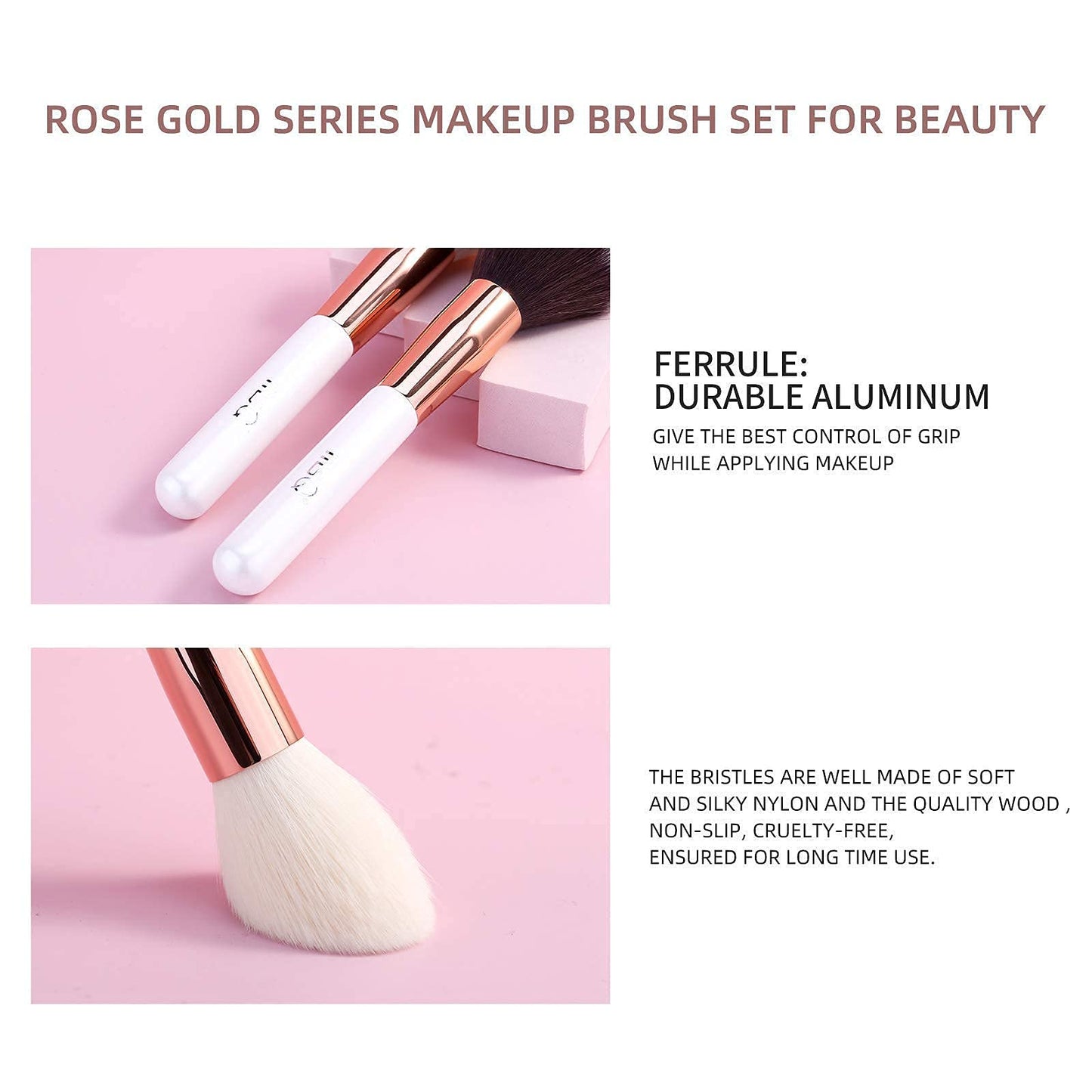 MSQ 15 Pcs White Brush set and 12pcs Rose Gold Eye Makeup Brushes Set, Premium Synthetic Foundation Brush Blending Eyeshadow Eyebrow, Face Powder Blush Concealers Eyeshadow Brush Make up Brushes Set