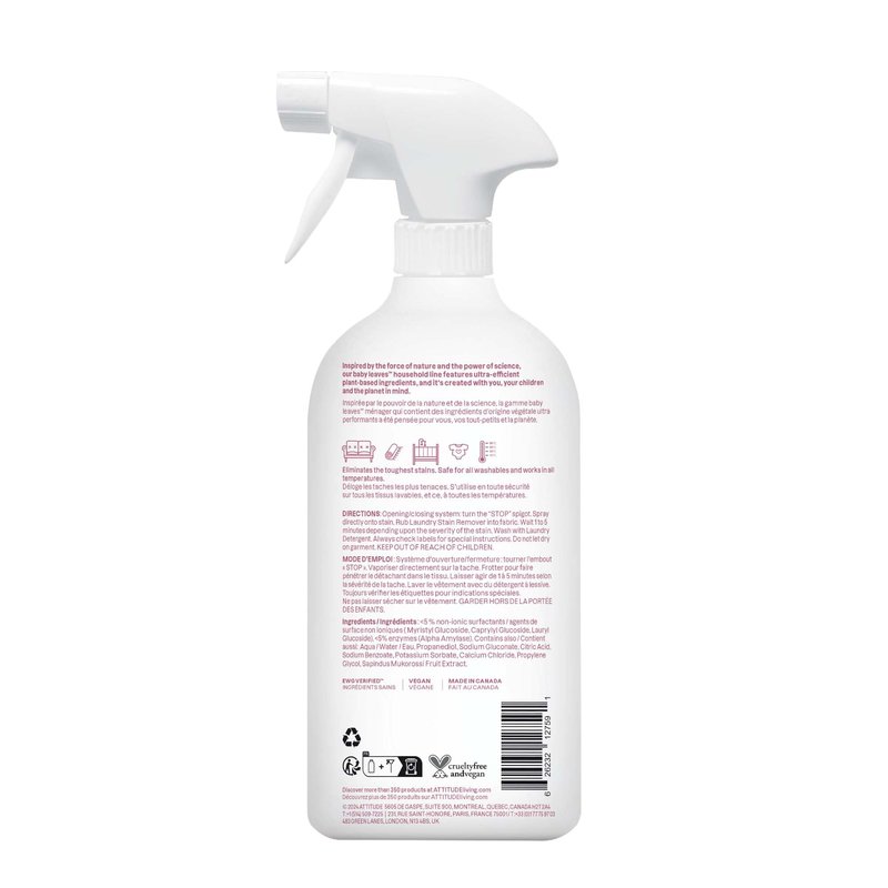 ATTITUDE Baby Laundry Stain Remover, Plant and Mineral-Based Ingredients, Vegan and Cruelty-free Household Products, Unscented, 27.1 Fl Oz