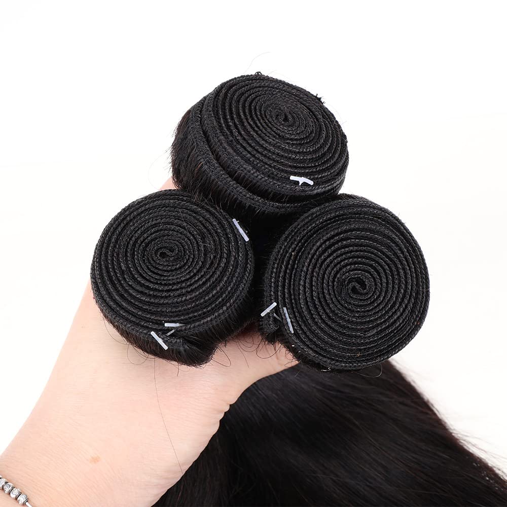 3 Bundles Human Hair with Closure Straight 100% Unprocessed Virgin Brazilian Hair Weave with 4x4 Lace Closure Free Part Double Weft 10A Hair Extensions Natural Black Color (8" 8" 8" + 8" Closure)