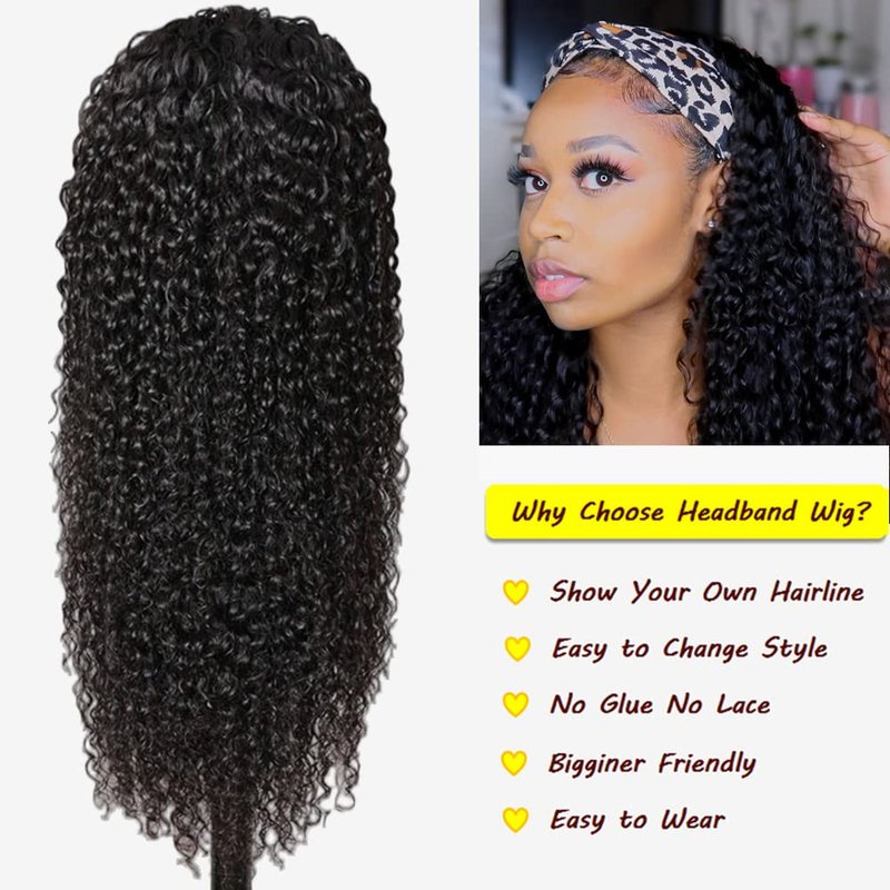 Curly Headband Wig - 100% Brazilian Virgin Human Hair | Glueless, 150% Density for Black Women