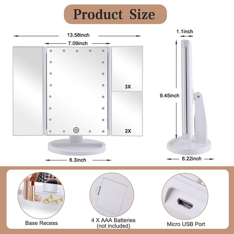 deweisn Floor Mount Tri-Fold Lighted Vanity Mirror with 21 LED Lights, Touch Screen and 3X/2X/1X Magnification, Two Power Supply Modes Make Up Mirror,Travel Mirror