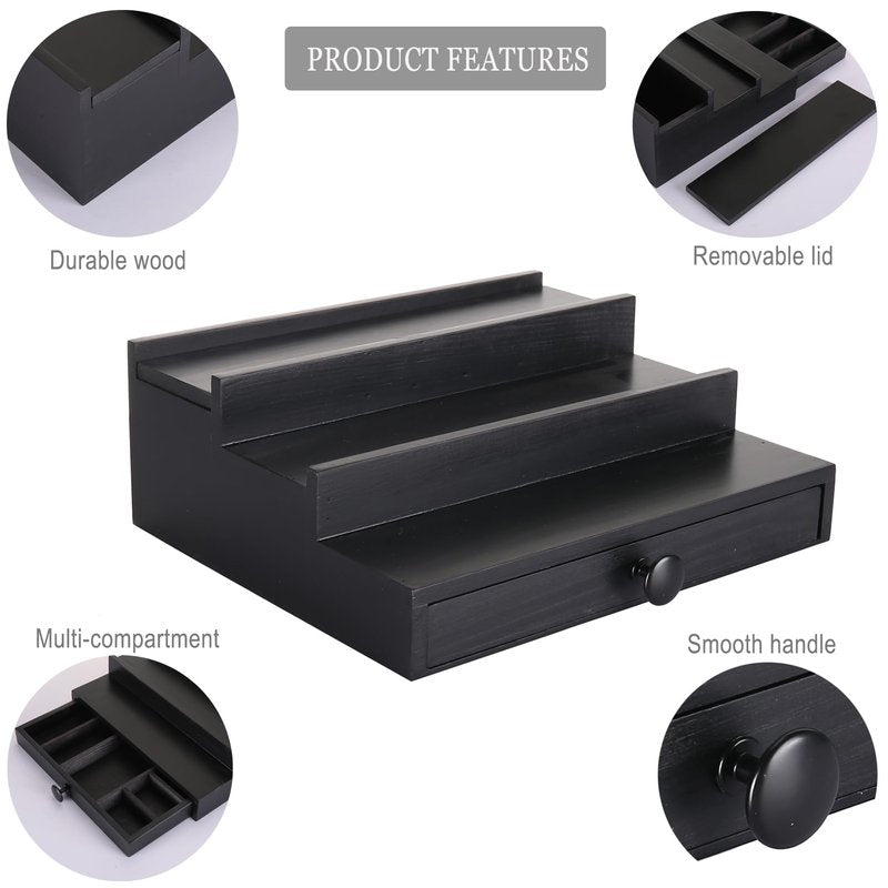 Fengligoo Black Wooden Cologne Organizer for Men - 3 Tier Wooden Perfume Display Stand with Drawer and Hidden Compartment for Organizing and Storing, Cologne Holder Shelf for Dresser