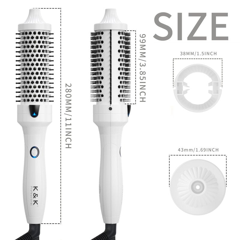 K&K Blowout Boost Thermal Brush, 1.5 inch Heated Round Brush for Blowout Look, Negative Ion Technology, Ceramic Tourmaline, Dual Voltage, White