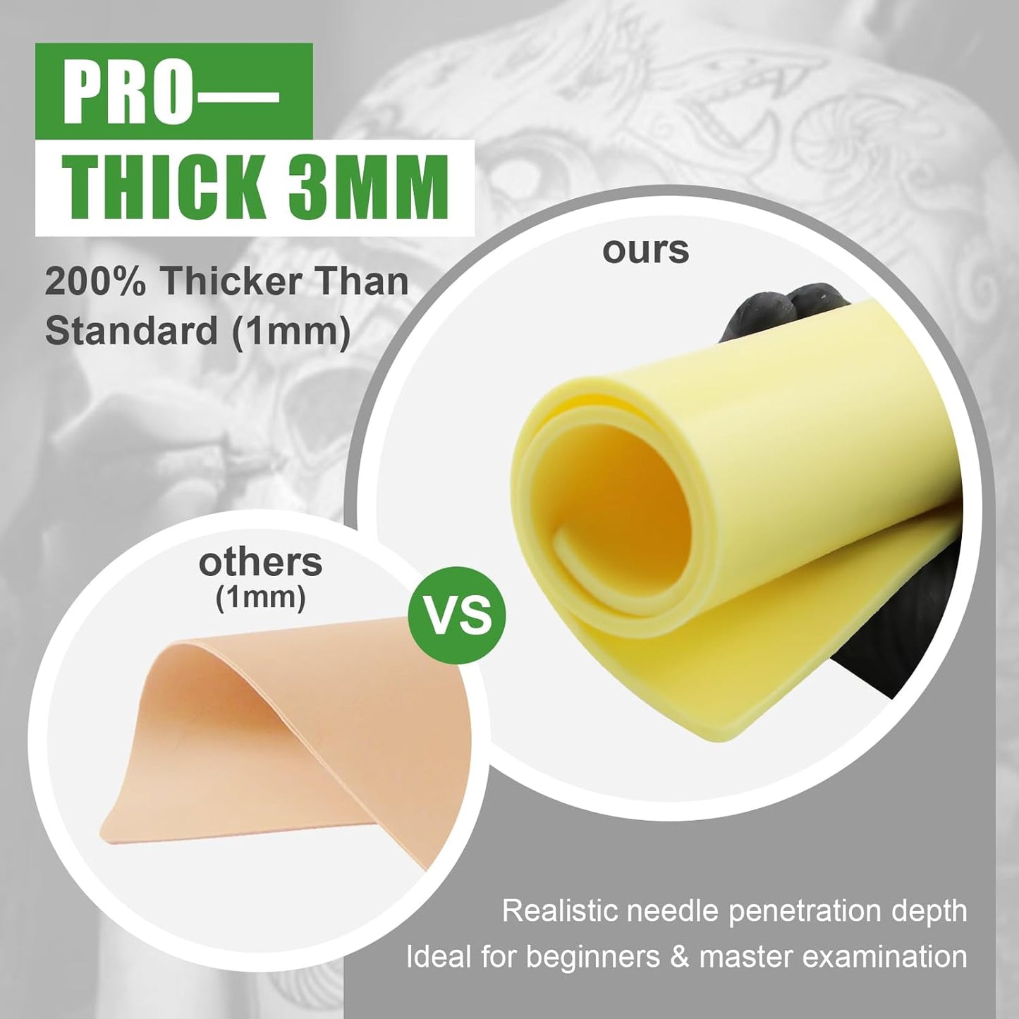 Professional Tattoo Practice Skin - 3mm Thick Medical Silicone, 12"x8" Double-Sided, Realistic Texture, 5PCS with Luxury Gift Box