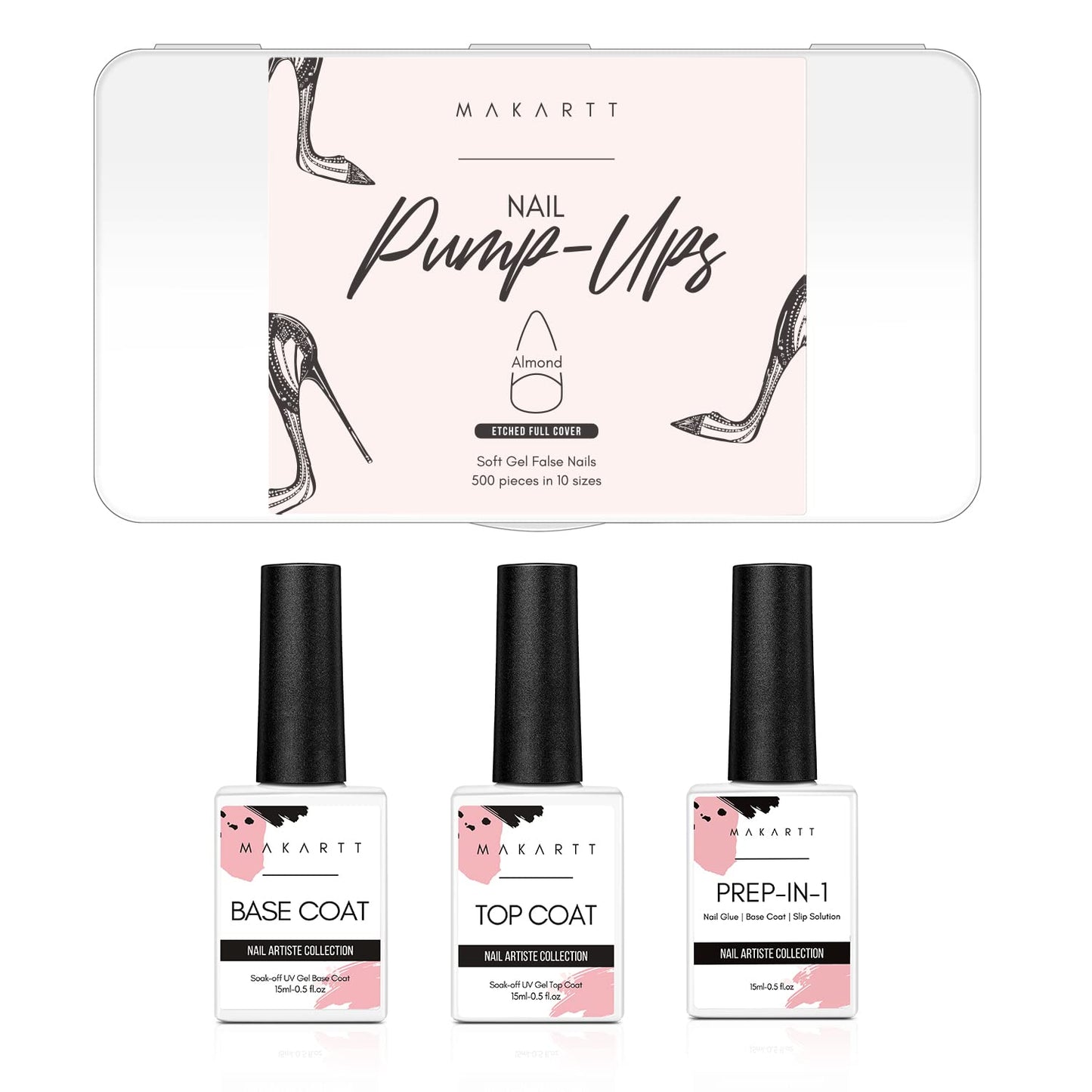 Makartt 504Pcs Soft Gel Full Cover Tips, Almond Stiletto False Nail Tips Bundle 2pcs No Wipe Gel Top Coat and Base Coat 15ml Bundle 3 in 1 Nail Glue Gel for Acrylic Nails UV Gel Curing Needed 1PC 15ml