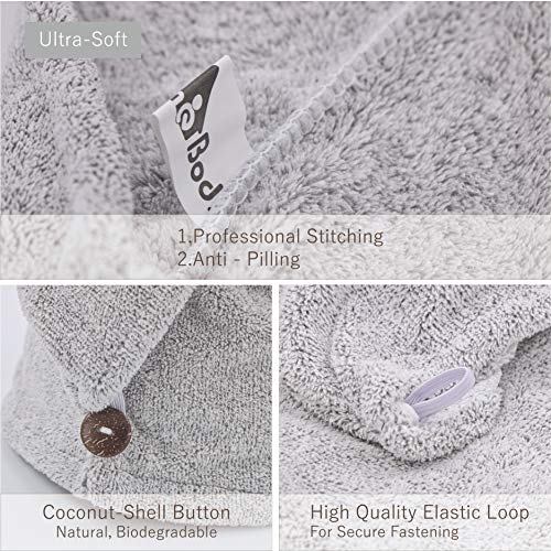 myHomeBody Hair Towel Wrap, Luxury Quick Drying Turban, Ultra Soft Absorbent Charcoal Fiber Cap, with Coconut Shell Button ? Gray