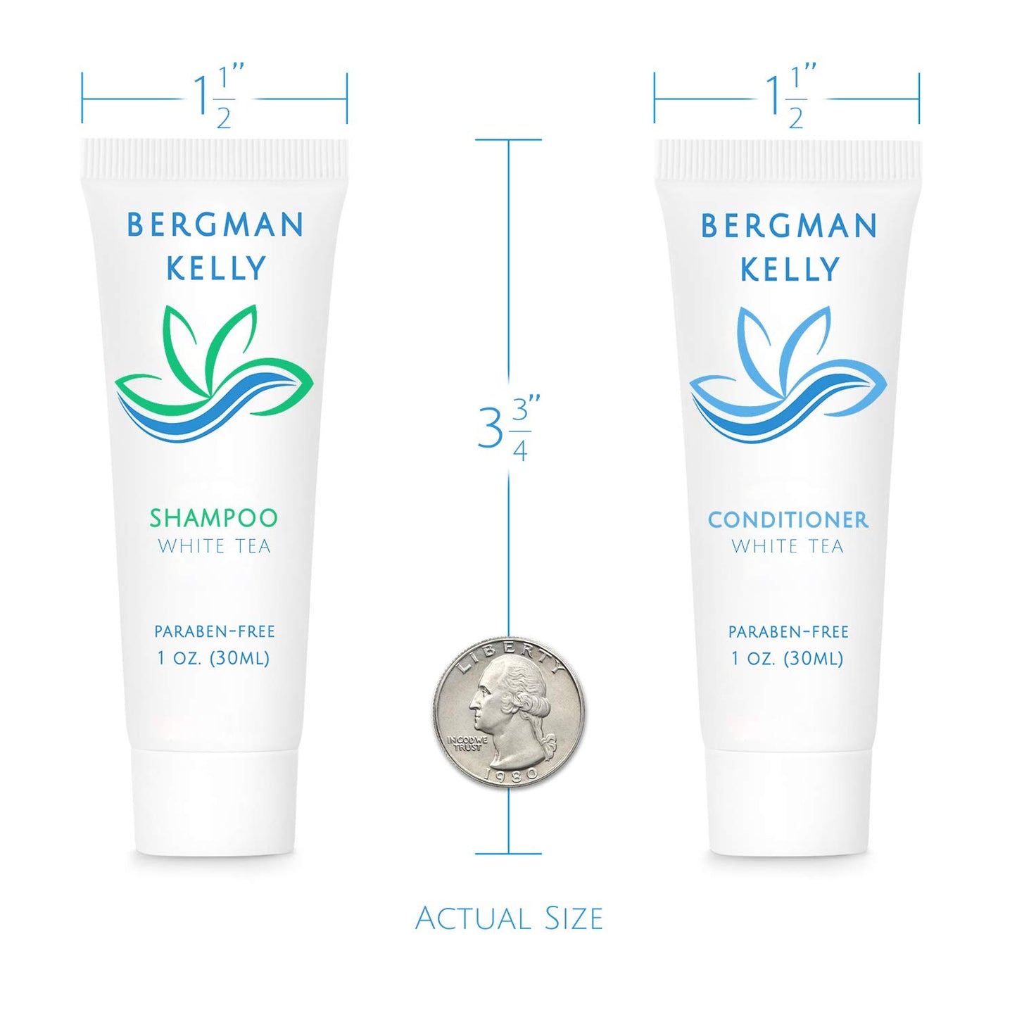 Bergman Kelly Hotel Toiletries Bundle - White Tea Mini Amenities Set | 100 Pieces: 25 Soap, 25 Shampoo, 25 Conditioner, 25 Lotion