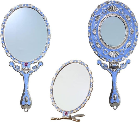 Vintage Colorful Hand Mirror - Double-Sided 1X/2X Magnifying Makeup Mirror | Foldable, Portable Design (Blue)