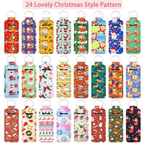 Duufin 24 Pieces Christmas Chapstick Holder Keychain Bulk Lip Balm Neoprene Lipstick Keychain With 24 Metal Clip Cords for Chapstick Tracker and Safeguard, 24 Christmas Style