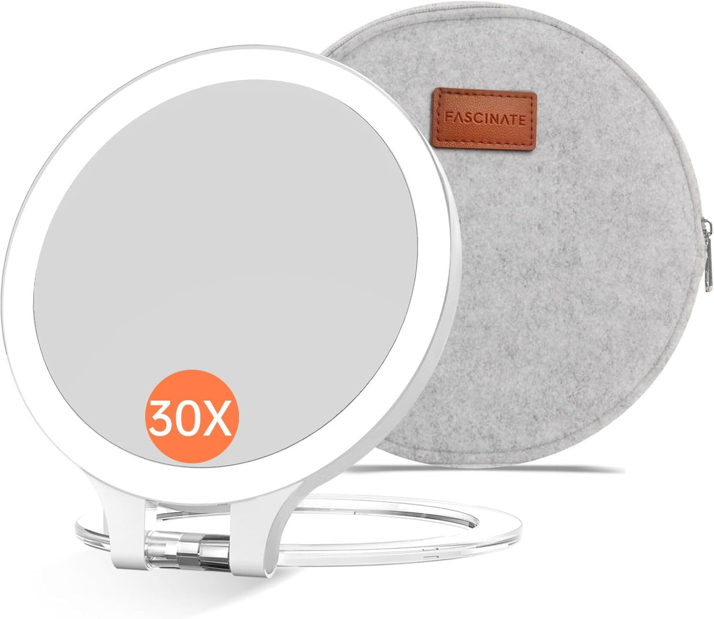 FASCINATE 30X 1X Double-Sided Magnifying Makeup Mirror - Rechargeable LED with 3 Color Lighting Modes | Adjustable Rotation