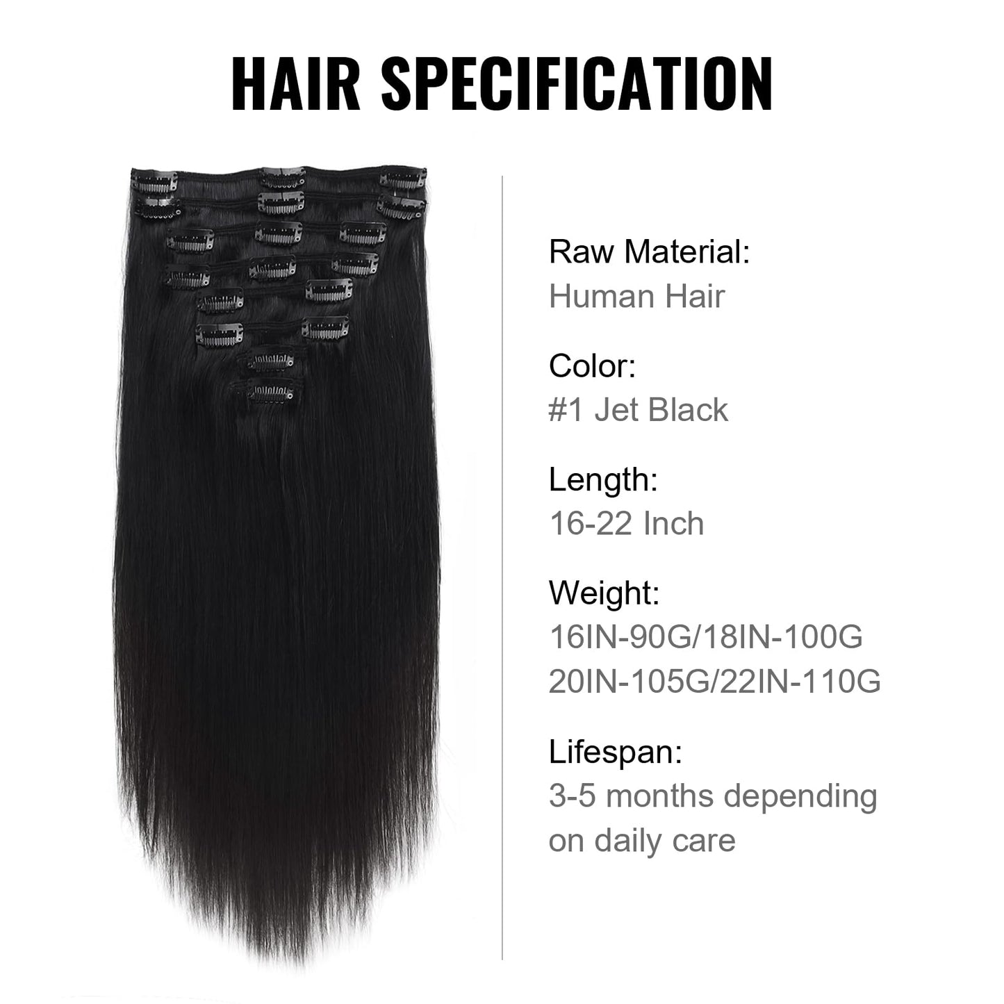 ABH AMAZINGBEAUTY HAIR Clip in Hair Extensions Real Human Hair Invisible Double Wefts 100% Real Remy Human Hair Clip in Extensions Silky Straight Jet Black 18 Clips 90G 16 Inch
