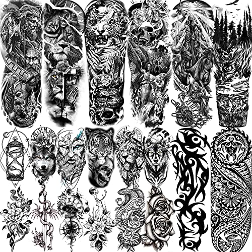 20 Sheets Extra Large Full Arm Temporary Tattoos For Men Adults, Tiger Snake Leopard Lion King Temporary Tattoos Sleeve For Women, Temp Waterproof Fake Tattoo Stickers For Kids Warrior Tatoos